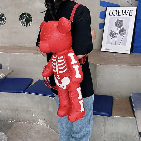 Sac À Dos Ours Squelette Cuir PU 3D Nouveauté Forme Animale Gothique Punk Sac À Bandoulière Pour Femmes Ados