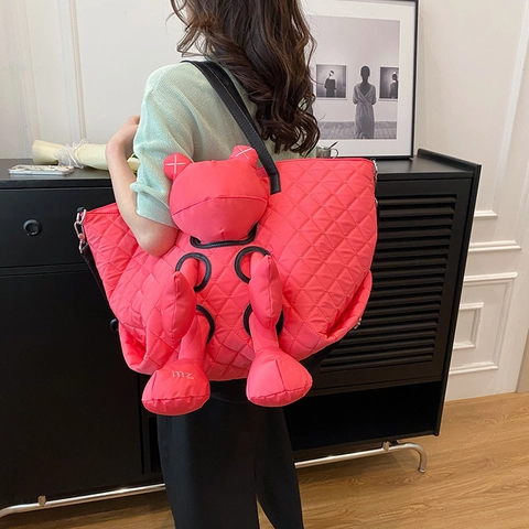 Borsa Tote Grande In Nylon Trapuntato Da Donna Con Decorazione Di Bambola Di Peluche Motivo A Rombi Borsa A Tracolla Casual