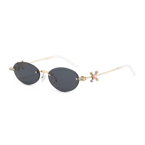 Women Fashion Rimless Oval Sunglasses Luxury Metal Frame Rhinestone Cross Decor UV400 Tinted Lens Sun Glasses Streetwear Y2K