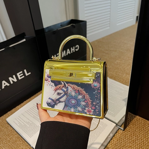 Mini Acrylic Handbag With Art Print Horse Floral Pattern Trapezoid Crossbody Bag For Women Evening Party Accessory