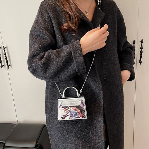 Mini Acrylic Handbag With Art Print Horse Floral Pattern Trapezoid Crossbody Bag For Women Evening Party Accessory