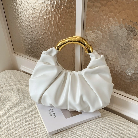 French Style Pleated Cloud Handbag PU Leather Ruched Evening Bag With Gold Metal Handle Minimalist Clutch Purse For Women