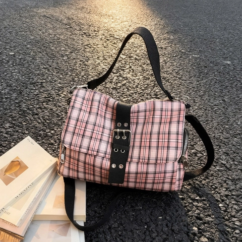 Borsa A Tracolla In Tela A Quadri Retro Per Donna Grande Capacità Tasche Multiple Tracolla Larga Regolabile Messenger Casual