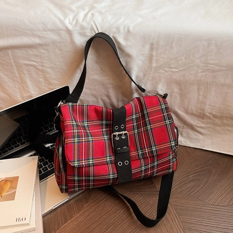 Borsa A Tracolla In Tela A Quadri Retro Per Donna Grande Capacità Tasche Multiple Tracolla Larga Regolabile Messenger Casual