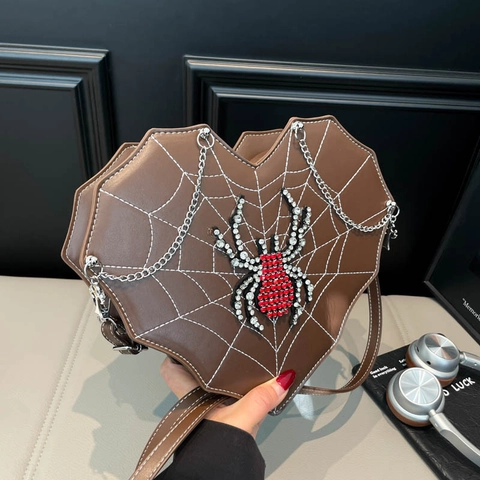 Herzform Schultertasche PU Leder Spinnennetz Stickerei Strass Spinne Gothic Punk Umhängetasche Für Damen