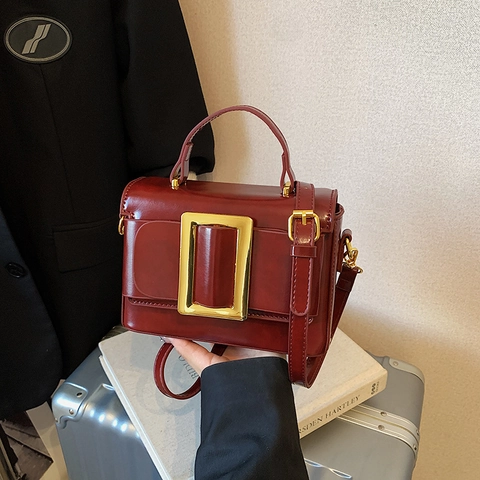 Borsa A Tracolla In Pelle PU Lucida Con Grande Fibbia Dorata Manico Superiore Borsa A Mano Quadrata Vintage Per Donna