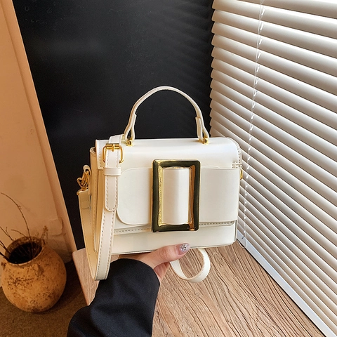 Borsa A Tracolla In Pelle PU Lucida Con Grande Fibbia Dorata Manico Superiore Borsa A Mano Quadrata Vintage Per Donna