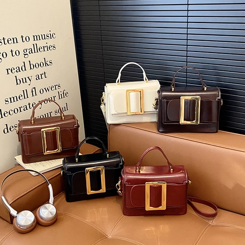 Vintage PU Leather Square Crossbody Bag For Women Korean Style Handbag With Large Gold Buckle Solid Retro Shoulder Bag