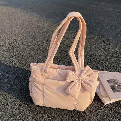 Gewatteerde Puffer Tote Tas Grote Capaciteit Handtas Met Grote Strik Zachte Puffy Schoudertas Mode