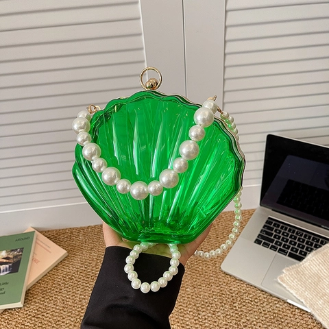 Women Shell Shaped Evening Bag Transparent Acrylic Candy Color Handbag Pearl Beaded Strap Crossbody Purse For Wedding Party