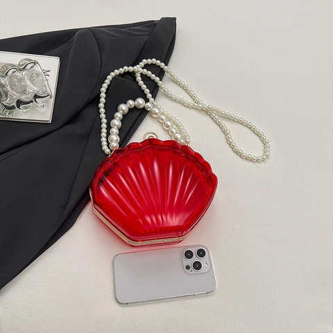 Women Shell Shaped Evening Bag Transparent Acrylic Candy Color Handbag Pearl Beaded Strap Crossbody Purse For Wedding Party