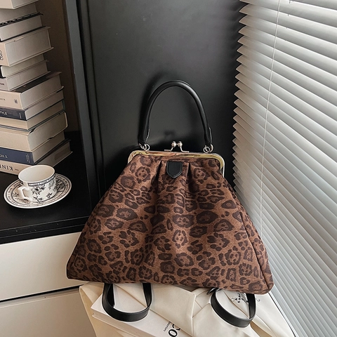 Vintage Damen Arzttasche Plissiert Große Kapazität Bügelverschluss Multifunktionale Stoff Schulter Handtasche Rucksack