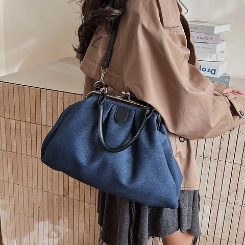 Vintage Damen Arzttasche Plissiert Große Kapazität Bügelverschluss Multifunktionale Stoff Schulter Handtasche Rucksack