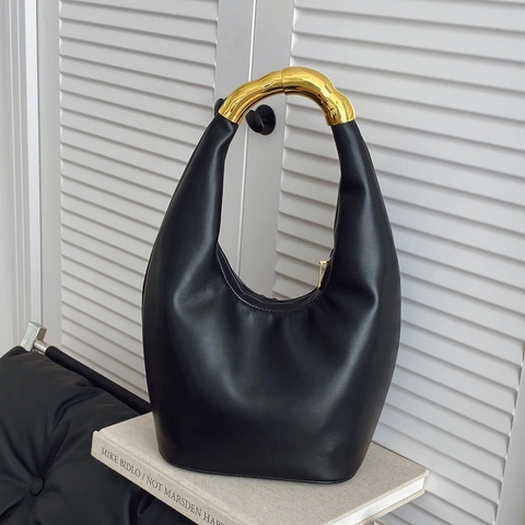 Borsa Hobo Donna Pelle PU Minimalista Mezza Luna Con Manico In Metallo Asimmetrico Dorato Chic Borsa A Mano