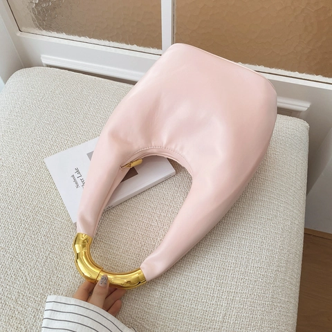 Borsa Hobo Donna Pelle PU Minimalista Mezza Luna Con Manico In Metallo Asimmetrico Dorato Chic Borsa A Mano