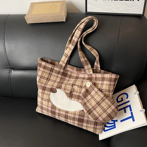 Borsa Tote A Quadri E Pochette Per Donna Grande Capacità Toppa Cane Cartone Animato Borsa A Spalla Vintage Tessuto Di Lana Scuola