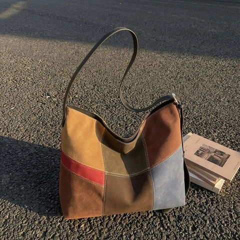 Bolso Tote Retro Patchwork Bloque De Color Gran Capacidad Mujer Cuero PU Mate Casual Hobo Bolso De Hombro