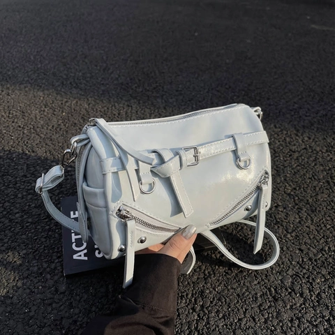 Motorcycle Style Shoulder Crossbody Bag PU Leather Shiny Rivet Zipper Decor Trendy Y2K Daily For Women