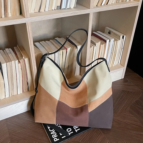 Bolso Tote Retro Patchwork Bloque De Color Gran Capacidad Mujer Cuero PU Mate Casual Hobo Bolso De Hombro