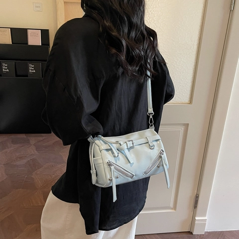 Motorcycle Style Shoulder Crossbody Bag PU Leather Shiny Rivet Zipper Decor Trendy Y2K Daily For Women