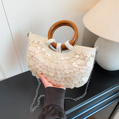 Bolso De Noche De Lentejuelas Asa Redonda De Madera Estilo Concha Bolso De Mano Con Cadena Para Mujer