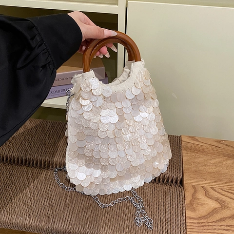 Bolso De Noche De Lentejuelas Asa Redonda De Madera Estilo Concha Bolso De Mano Con Cadena Para Mujer