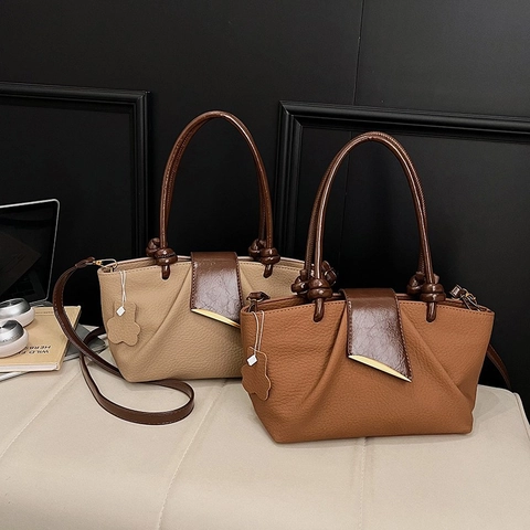 Bolso De Mano Para Mujer Plisado Cuero PU Textura Lichi Color Contrastado Bolso Tote Con Correa Desmontable Estilo