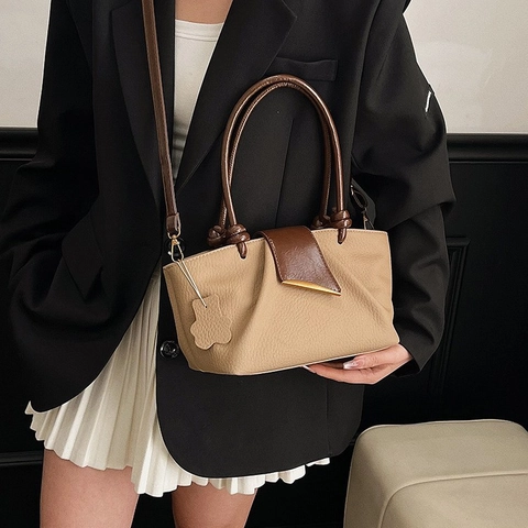 Bolso De Mano Para Mujer Plisado Cuero PU Textura Lichi Color Contrastado Bolso Tote Con Correa Desmontable Estilo