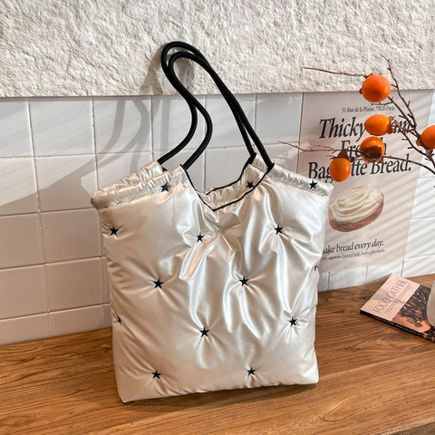 Metallic Glänzend Puffer Shopper Tasche Stern Gesteppt Große Kapazität Schultertasche Mode Pendler Für Frauen