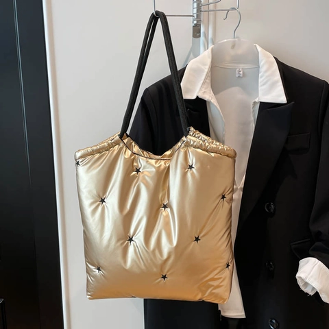 Metallic Glänzend Puffer Shopper Tasche Stern Gesteppt Große Kapazität Schultertasche Mode Pendler Für Frauen