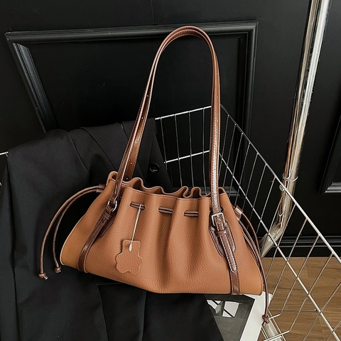 Large Capacity PU Leather Shoulder Bag Women Lychee Texture Drawstring Ruched Commuter Casual Handbag