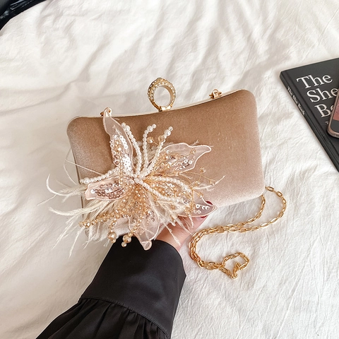 Elegant Velvet Evening Clutch Bag With Rhinestone Ring Clasp Artificial Pearl Feather Decoration And Metal Chain For Women Party