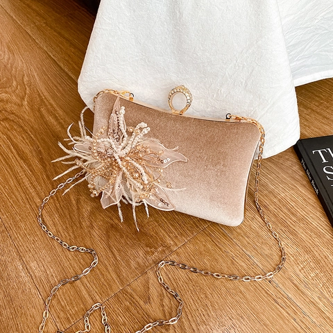 Elegant Velvet Evening Clutch Bag With Rhinestone Ring Clasp Artificial Pearl Feather Decoration And Metal Chain For Women Party