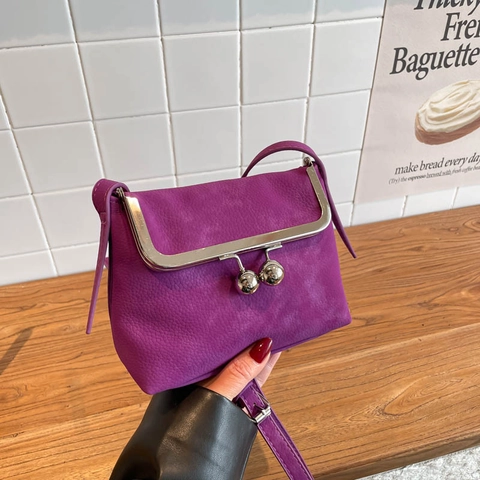 Retro Kiss Lock Crossbody Bag PU Leather Lychee Pattern Metal Ball Clasp Small Square Shell Shoulder Purse For Women