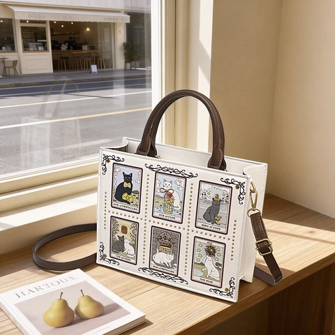 Bolso De Mano Y Hombro De Cuero PU Con Estampado De Cartas De Tarot De Gato Retro Remaches Dorados Correa Ajustable Artístico