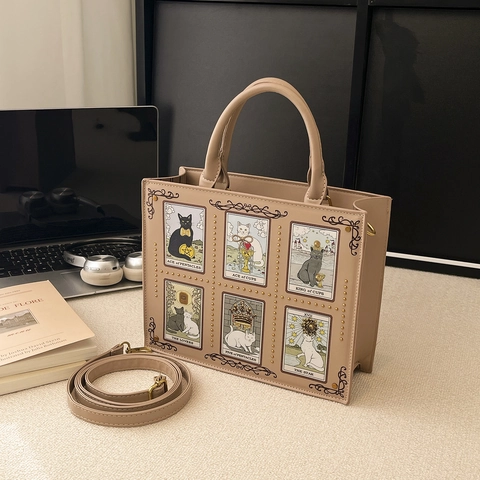 Bolso De Mano Y Hombro De Cuero PU Con Estampado De Cartas De Tarot De Gato Retro Remaches Dorados Correa Ajustable Artístico