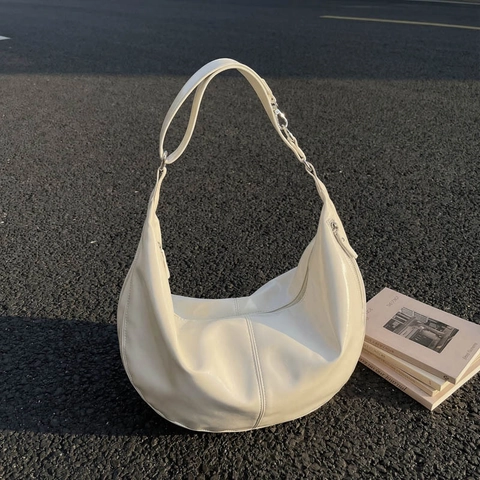 Große Hobo Bag Glänzendes PU Leder Halbmond Achseltasche Einfache Lässige Pendler Schultertasche Für Damen
