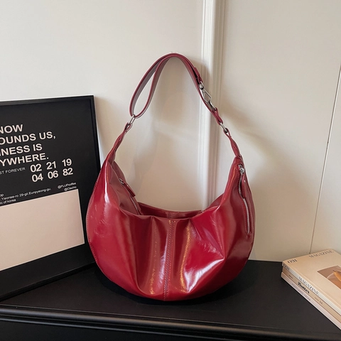 Große Hobo Bag Glänzendes PU Leder Halbmond Achseltasche Einfache Lässige Pendler Schultertasche Für Damen