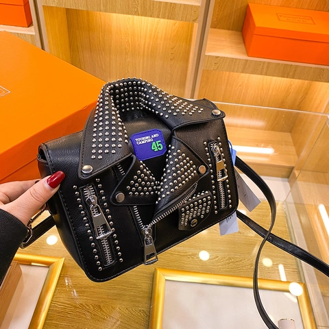Sac Bandoulière Style Veste De Moto En Cuir PU Rivets Argentés Punk Rock Chic Sac À Épaule Pour Femmes