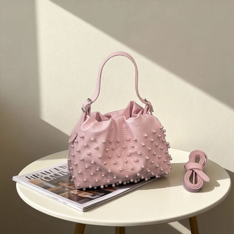 Borsa A Secchiello Arricciata Donna Pelle PU Decorazione Künstliche Perle Artificiali Borsa A Mano Nuvola Elegante Spalla Versatile