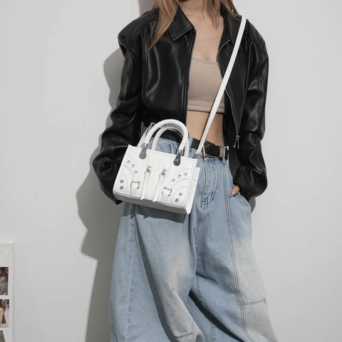 Women Motorcycle Handbag PU Leather Woven Handle Rivet Zipper Decor Adjustable Strap Punk Style Shoulder Crossbody Bag