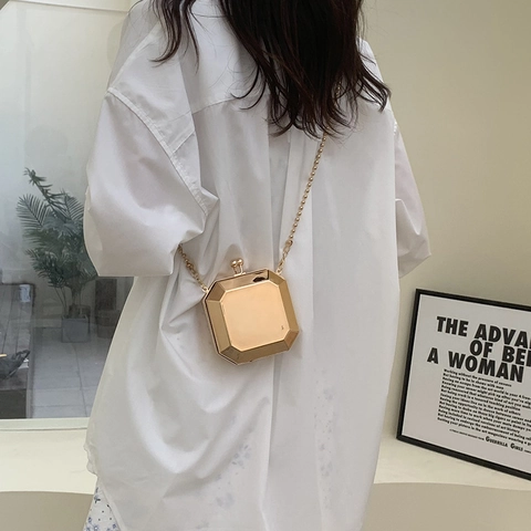 Goldene Achteckige Geometrische Acryl Abendtasche Metallischer Spiegel Mini Box Clutch Mit Kettenriemen Für Partys