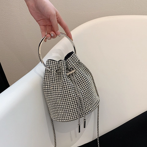 Strass Eimer Tasche PU Leder Glänzend Metall Rundgriff Kordelzug Umhängetasche Abendparty Hochzeit Handtasche