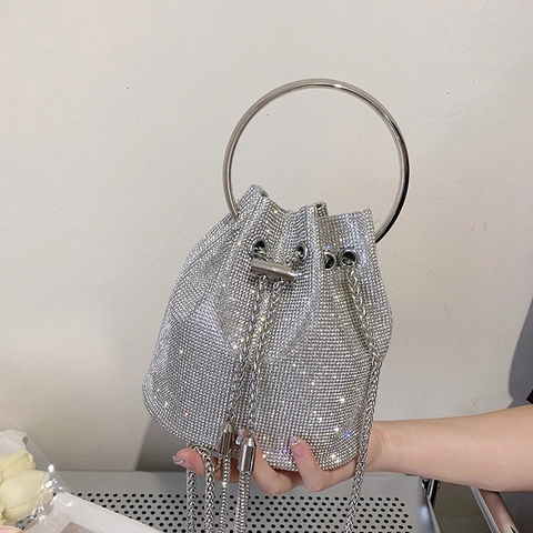 Strass Eimer Tasche PU Leder Glänzend Metall Rundgriff Kordelzug Umhängetasche Abendparty Hochzeit Handtasche