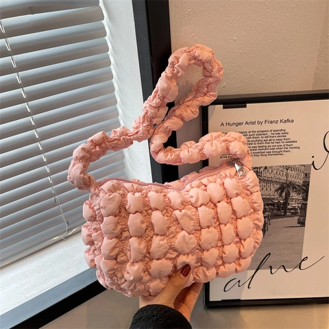 Popcorn Bubble Shoulder Bag Pleated Underarm Handbag Solid Candy Color Textured Fabric For Women Daily Casual