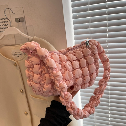 Popcorn Bubble Shoulder Bag Pleated Underarm Handbag Solid Candy Color Textured Fabric For Women Daily Casual