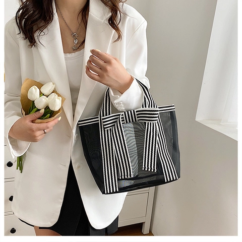 Damen Nylon Netztasche Transparent Handtasche Mit Gestreiften Trägern Und Schleifendekor Geräumige Reise Unterarmtasche