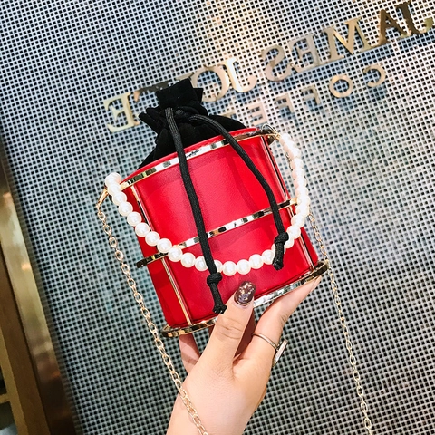 Borsa Secchiello Donna Telaio Metallo Cavo Pelle PU Manico Perla Artificial Coulisse Tracolla Catena Spalla