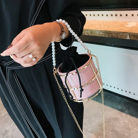 Borsa Secchiello Donna Telaio Metallo Cavo Pelle PU Manico Perla Artificial Coulisse Tracolla Catena Spalla