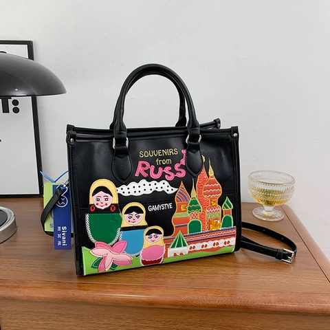 Borsa Tote In Pelle PU Grande Capacità Ricamo Matrioska Russa Cattedrale Borsa A Mano Da Donna